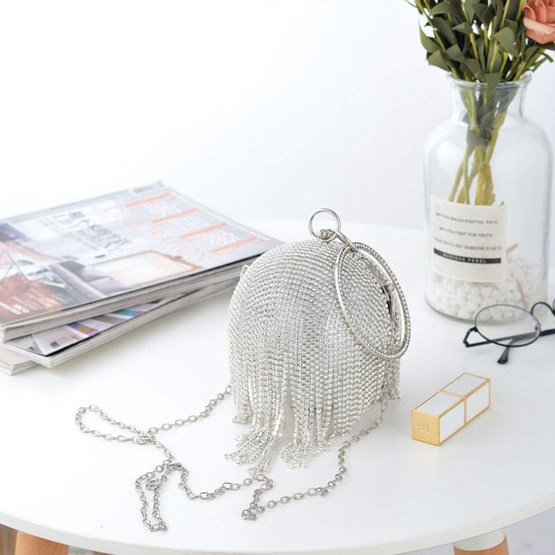 Lanpet Women Round Ball Crystal Evening Clutch Purse Tassel Wedding Party Handbags - Image 4